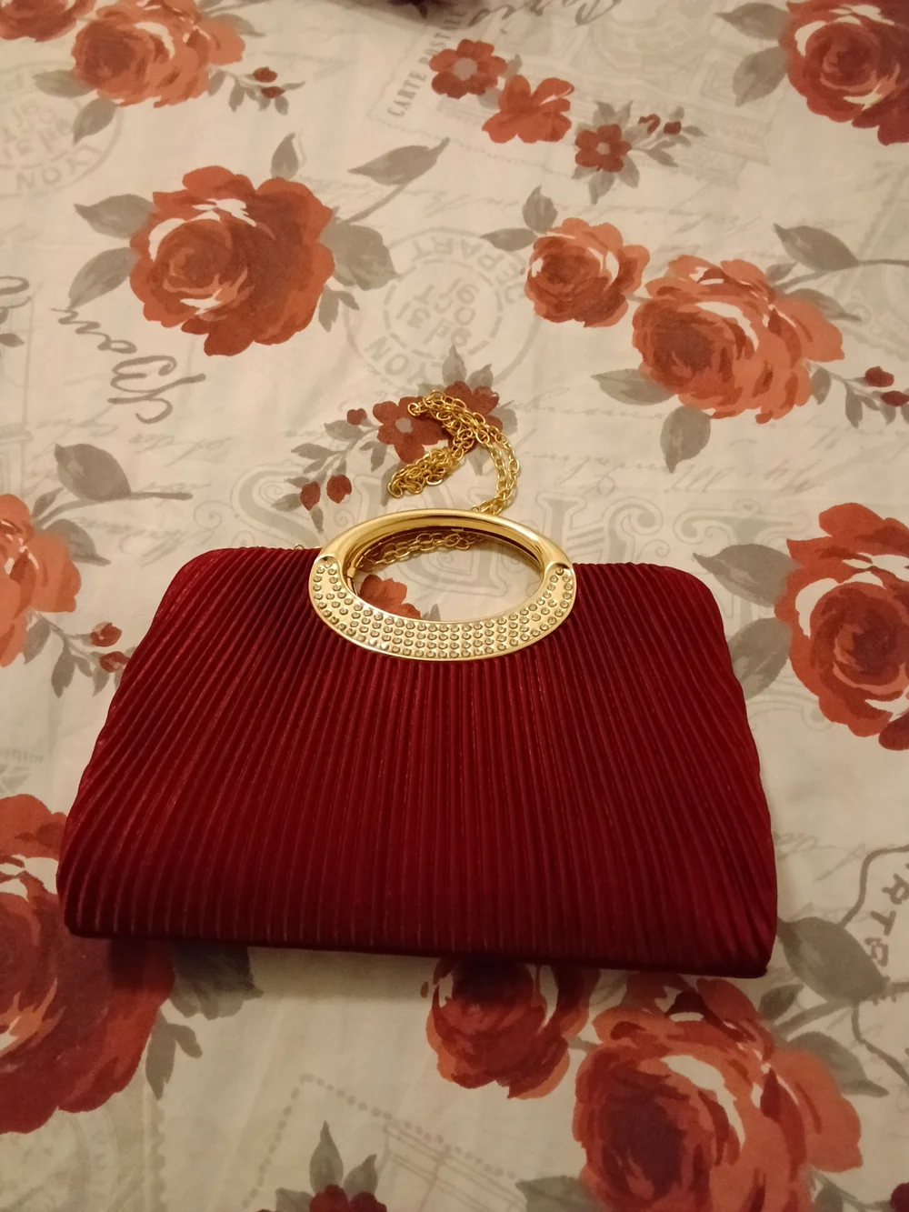 Red Velvet Clutch with Gold Circular Handle